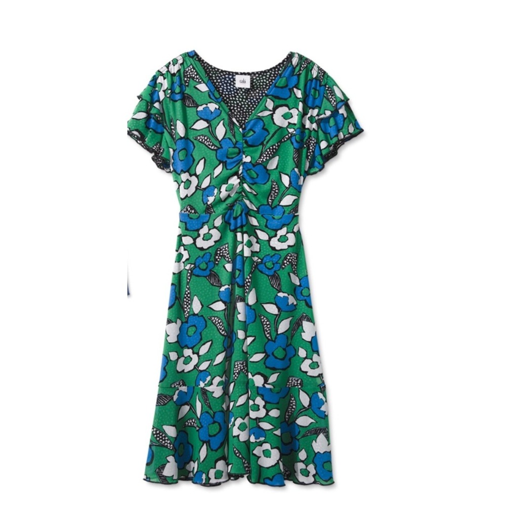 Cabi Celebrate Dress 6148 Green Blue Floral Polka Dot Reversible V-Neck S